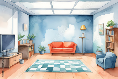 Watercolor Living Room Illustration with Sofa and TV for Home Decor