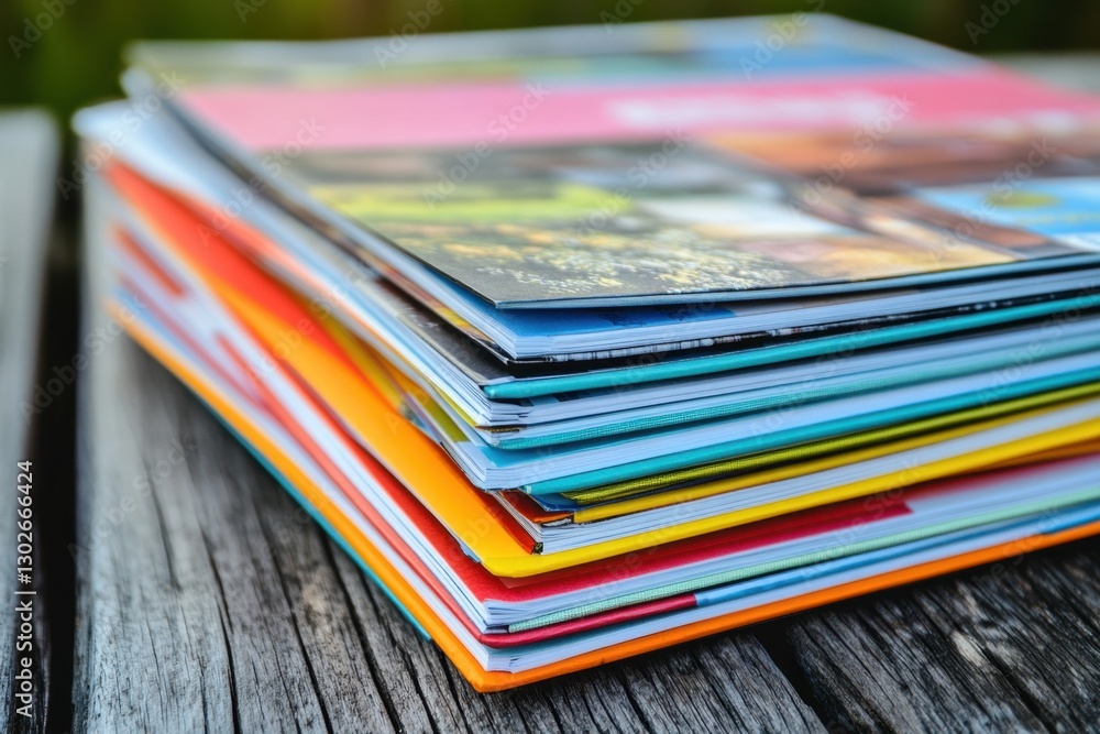 Close-up of a vibrant stack of magazines. Each magazine shows a different colorful cover design, placed on a wooden surface. Close-up of a vibrant stack of magazines. Each magazine shows a different colorful cover design, placed on a wooden surface.