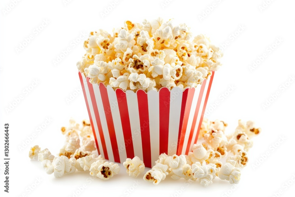 Freshly Popped Popcorn in Red and White Striped Container on White Background Freshly Popped Popcorn in Red and White Striped Container on White Background