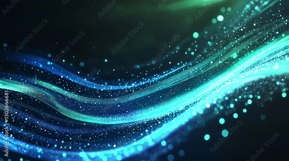 Abstract blue green glowing particle wave background design dark light shiny fluid energy motion Abstract blue green glowing particle wave background design dark light shiny fluid energy motion