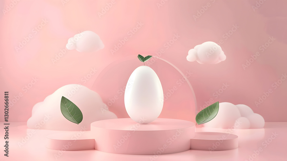 A white egg with leaves on it stands in the center of a minimalistic composition, creating a natural and elegant aesthetic. A white egg with leaves on it stands in the center of a minimalistic composition, creating a natural and elegant aesthetic.