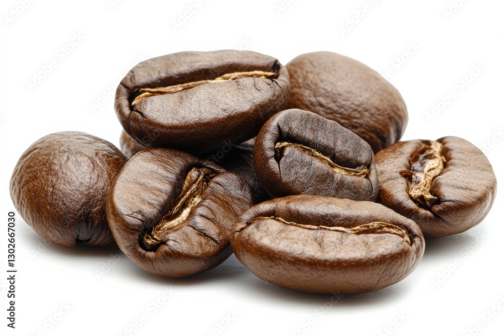 Freshly Roasted Coffee Beans Piled Together on a White Background for Food Photography
