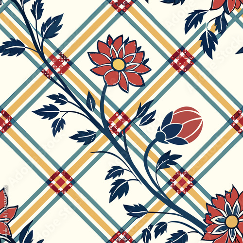Wallpaper Mural Floral Plaid Pattern: Vintage Style Seamless Design with Red Flowers, Blue Leaves, & Yellow Stripes for Fabric, Wallpaper, & Textile Prints Torontodigital.ca