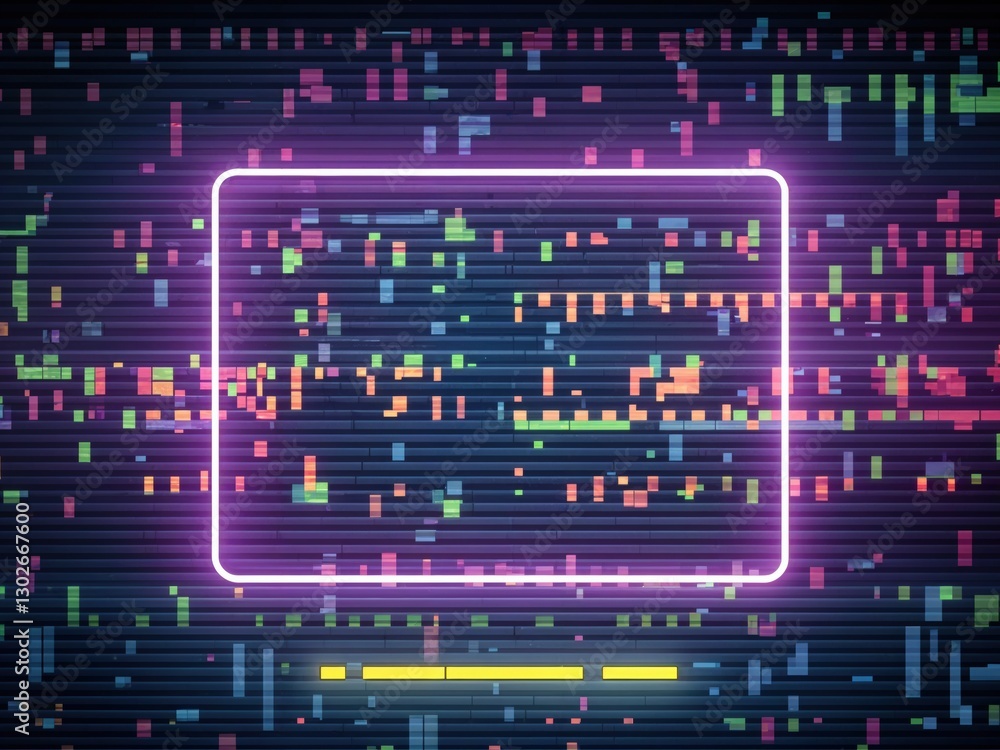 Abstract background with neon lights and square frame. Retro Neon Glitch Frame Abstract background with neon lights and square frame. Retro Neon Glitch Frame