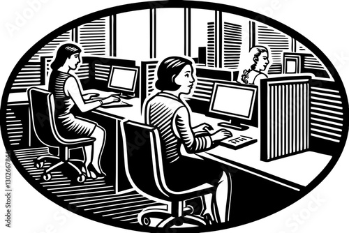 Wallpaper Mural Office Workers at Desks: Vintage Woodcut Illustration of Women in Cubicles, Retro Workplace Art, Business Environment, Black and White Image Torontodigital.ca