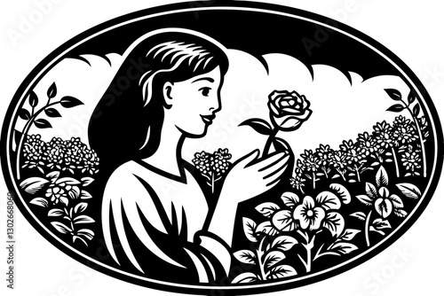 Wallpaper Mural Black and White Illustration of Woman Holding Rose in Garden, Vintage Floral Art Print, Nature Scene, Botanical Illustration, Oval Frame Torontodigital.ca