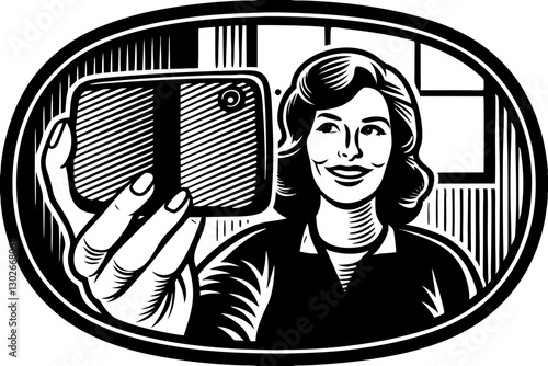 Wallpaper Mural Vintage Woman Taking Selfie with Smartphone, Retro Style Illustration, Black and White Portrait, Mobile Photography Concept Torontodigital.ca