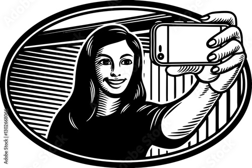 Wallpaper Mural Woman Taking Selfie with Smartphone, Black and White Woodcut Style Illustration in Oval Frame, Social Media Concept Torontodigital.ca