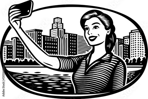 Wallpaper Mural Vintage Style Woman Taking Selfie in Cityscape Illustration - Retro Black and White Graphic of Girl with Smartphone in Urban Scene Torontodigital.ca