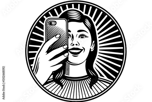 Wallpaper Mural Woman Taking Selfie with Smartphone in Retro Woodcut Style Illustration for Social Media and Digital Content Torontodigital.ca