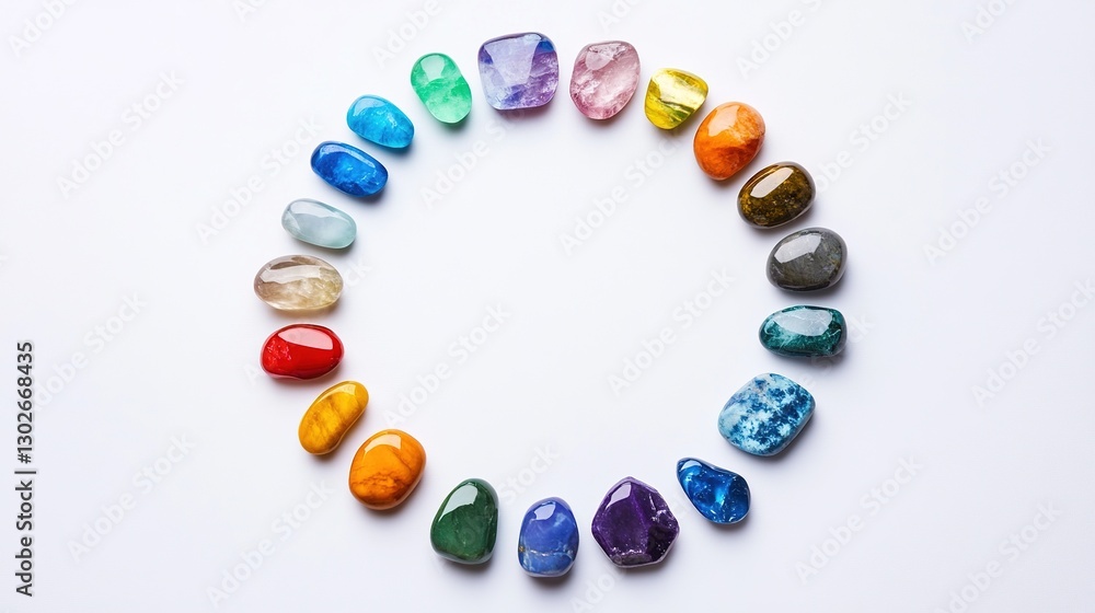 Colorful gemstones arranged in a circle on a white background, in a flat lay. Concept for chakra healing or meditation theme.