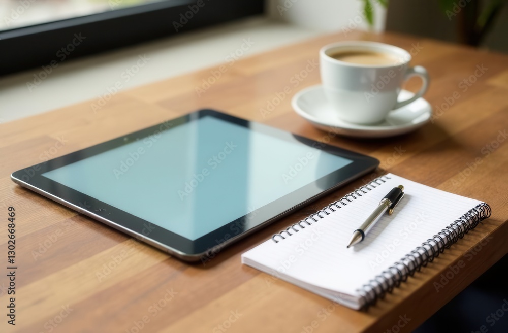 Tablet and coffee on wooden desk with notebook and pen for productive work setup Tablet and coffee on wooden desk with notebook and pen for productive work setup