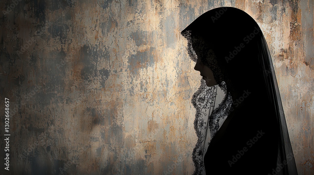 A dark, gothic cameo silhouette of a mysterious woman wearing a lace veil, set against a textured vintage backdrop A dark, gothic cameo silhouette of a mysterious woman wearing a lace veil, set against a textured vintage backdrop