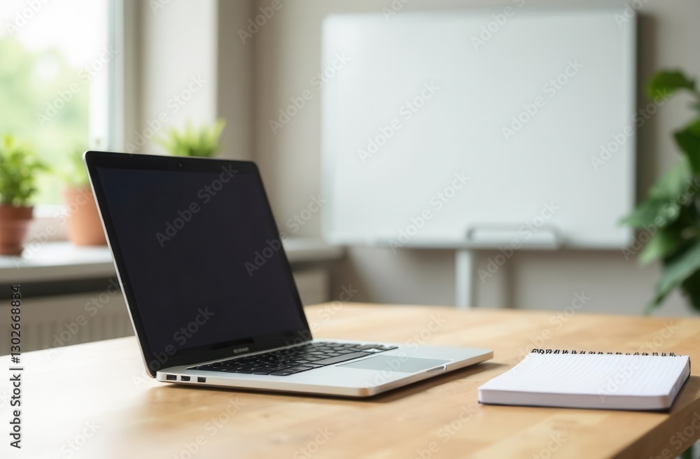 Fototapeta premium Open laptop on wooden desk next to notebook in bright office environment