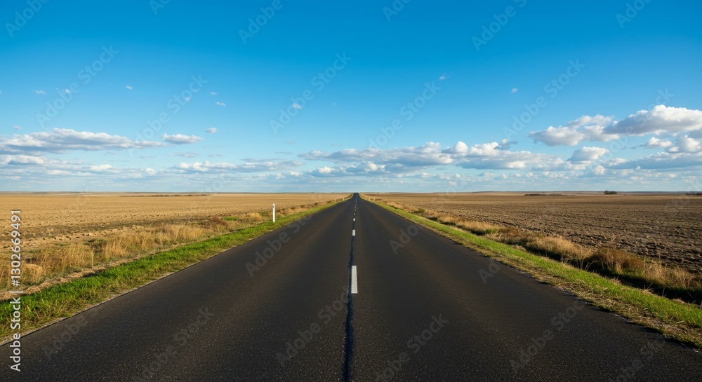Scenic road stretches through boundless fields under blue sky with clouds Scenic road stretches through boundless fields under blue sky with clouds
