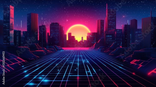 Vibrant Neon Cityscape with Sunset and Retro Futuristic Design