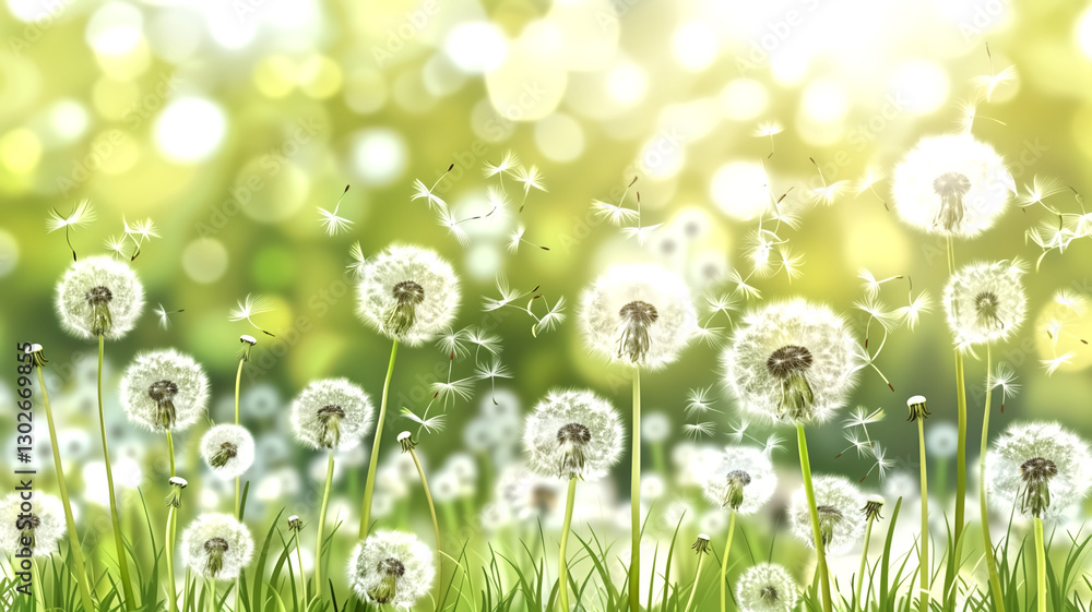 Spring background with dandelions, green and white colors, vecto Spring background with dandelions, green and white colors, vecto