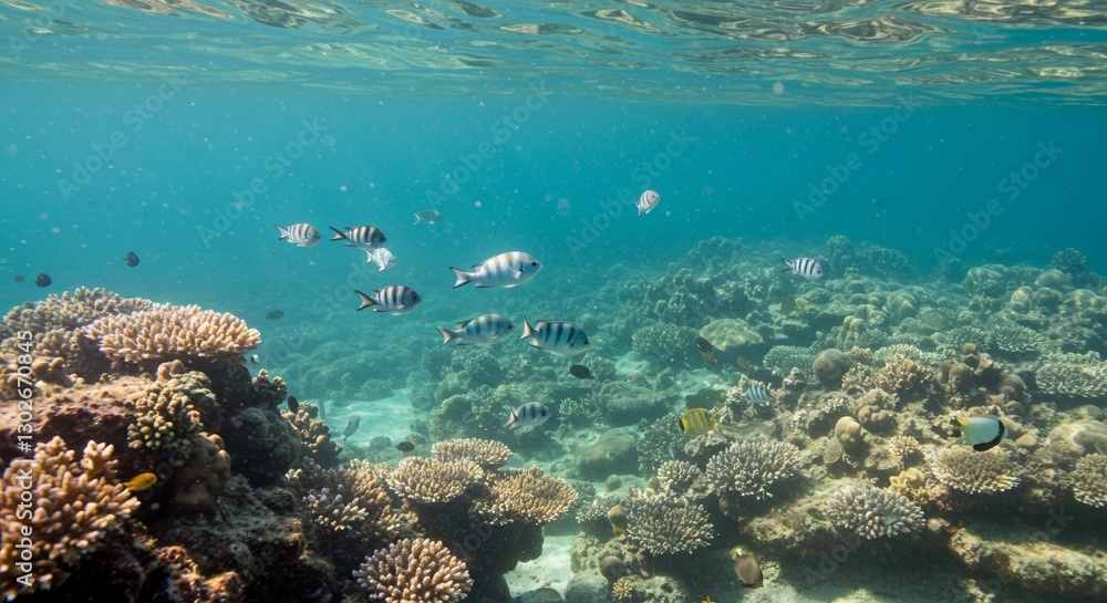 Vibrant underwater scenery with schools of fish swimming above coral reef Vibrant underwater scenery with schools of fish swimming above coral reef