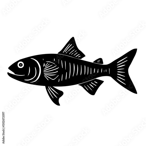 An illustration featuring a black Fish hieroglyph silhouette set against a clean white background depicting a detailed fish with scales and fins, symbolizing life and prosperity.