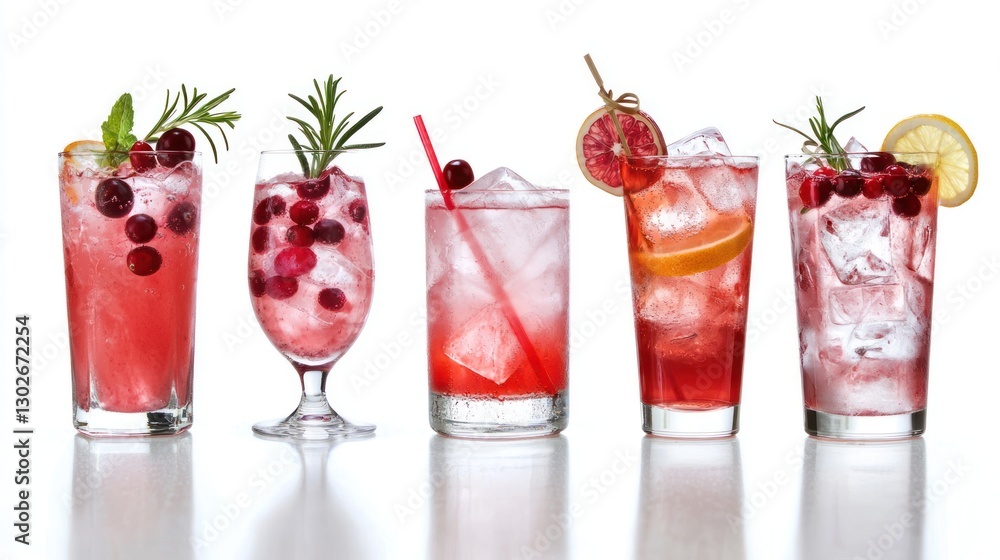 A lineup of vodka cranberry drinks with garnishes for a party setting. A lineup of vodka cranberry drinks with garnishes for a party setting.