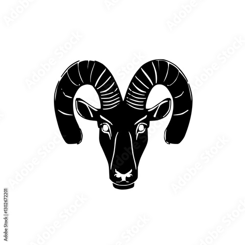 An illustration featuring a black Ram hieroglyph silhouette set against a clean white background depicting a detailed ram with curved horns, symbolizing power and the god Amun.
