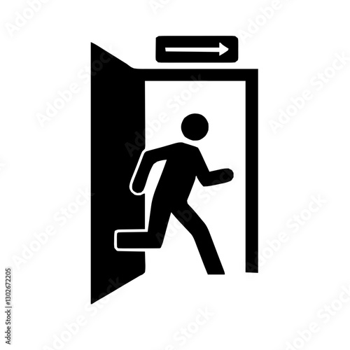 An illustration featuring a black emergency exit sign silhouette set against a clean white background showing a figure running towards an open door with a left arrow.