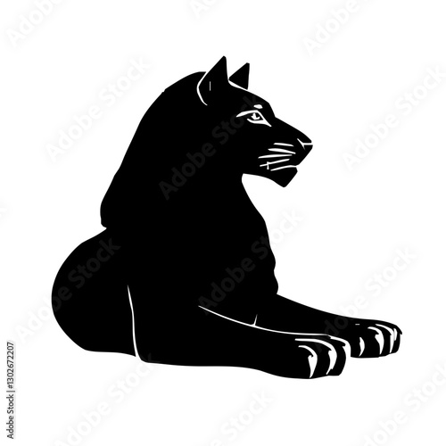 An illustration featuring a black Sphinx paw hieroglyph silhouette set against a clean white background showing a detailed lion's paw with sharp claws, symbolizing strength and protection.