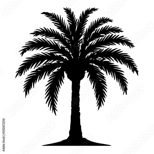An illustration featuring a black Palm hieroglyph silhouette set against a clean white background showing a detailed palm leaf with long, slender fronds, symbolizing victory and triumph.