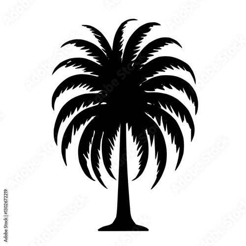 An illustration featuring a black Palm hieroglyph silhouette set against a clean white background showing a detailed palm leaf with long, slender fronds, symbolizing victory and triumph.