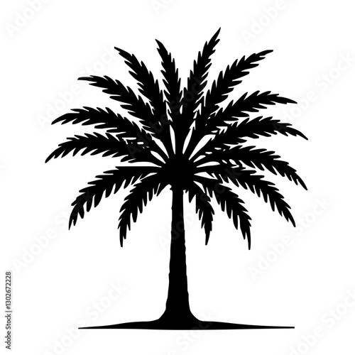 An illustration featuring a black Palm hieroglyph silhouette set against a clean white background showing a detailed palm leaf with long, slender fronds, symbolizing victory and triumph.