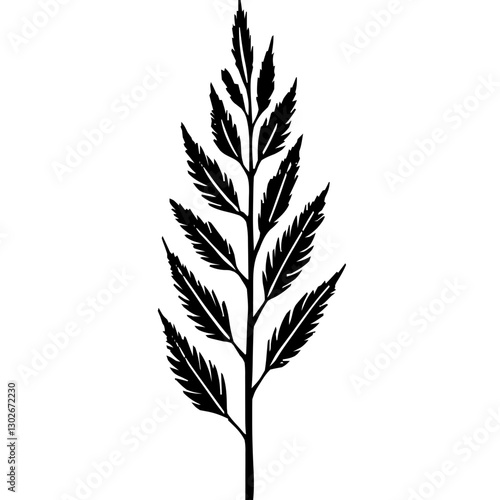 An illustration featuring a black Reed hieroglyph silhouette set against a clean white background showing a detailed reed plant symbol with multiple leaves, representing growth and prosperity.