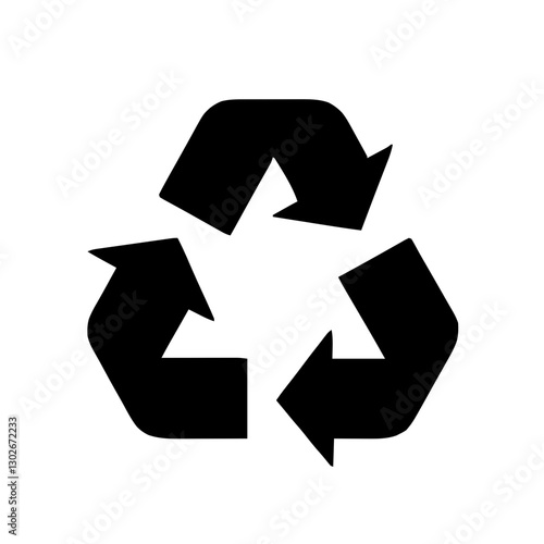 An illustration featuring a black recycling sign silhouette set against a clean white background showing three arrows forming a triangle to represent recycling.