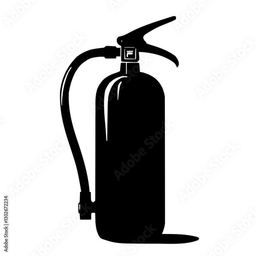 An illustration featuring a black fire extinguisher sign silhouette set against a clean white background depicting a fire extinguisher with a hose and nozzle.