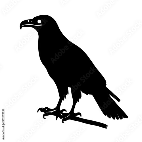 An illustration featuring a black Hawk hieroglyph silhouette set against a clean white background showing a detailed hawk with sharp beak and talons, symbolizing strength and foresight.
