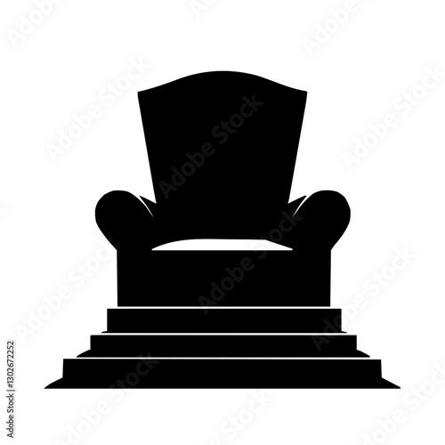An illustration featuring a black Throne hieroglyph silhouette set against a clean white background depicting a detailed seat with backrest and armrests, symbolizing royalty and authority.