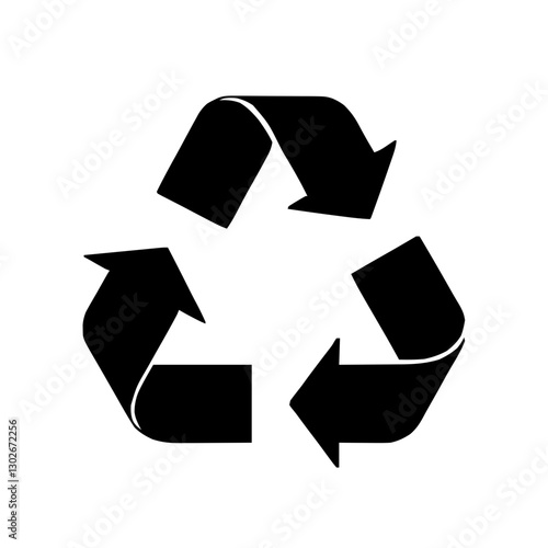 An illustration featuring a black recycling sign silhouette set against a clean white background showing three arrows forming a triangle to represent recycling.