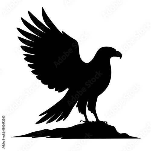 An illustration featuring a black Hawk hieroglyph silhouette set against a clean white background showing a detailed hawk with sharp beak and talons, symbolizing strength and foresight.