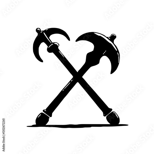 An illustration featuring a black Crook and Flail hieroglyph silhouette set against a clean white background depicting crossed symbols of authority with detailed textures, representing kingship.