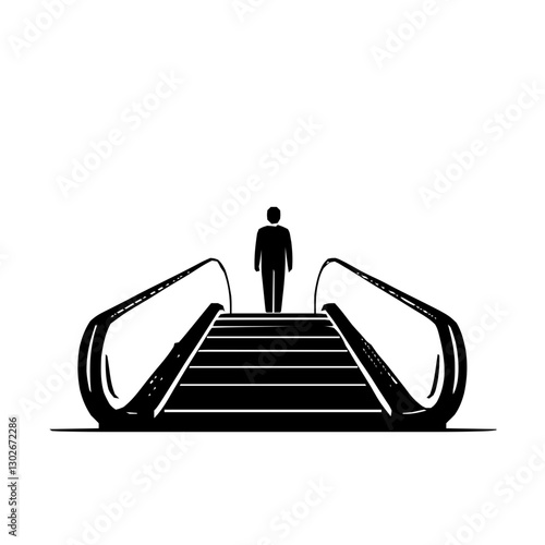 An illustration featuring a black escalator sign silhouette set against a clean white background showing a person figure on an escalator with an upward arrow.
