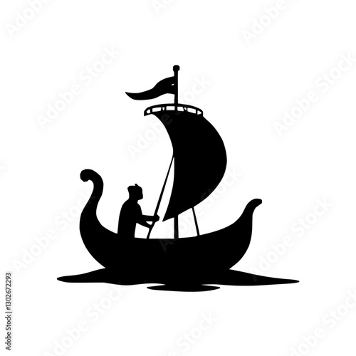 An illustration featuring a black Boat hieroglyph silhouette set against a clean white background showing a detailed boat with sail and oars, symbolizing journey and transition.