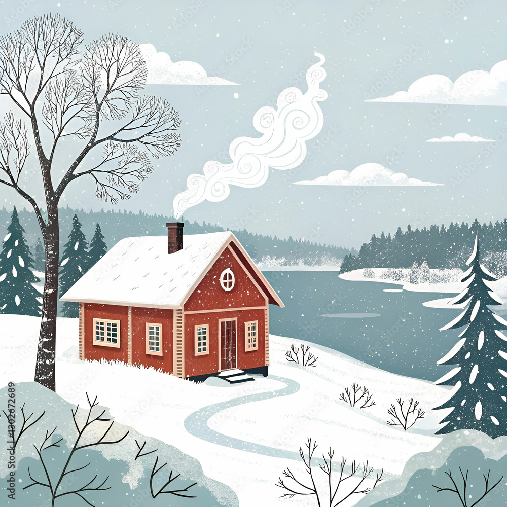 Fototapeta premium red cottage in a beautiful cold winter landscape