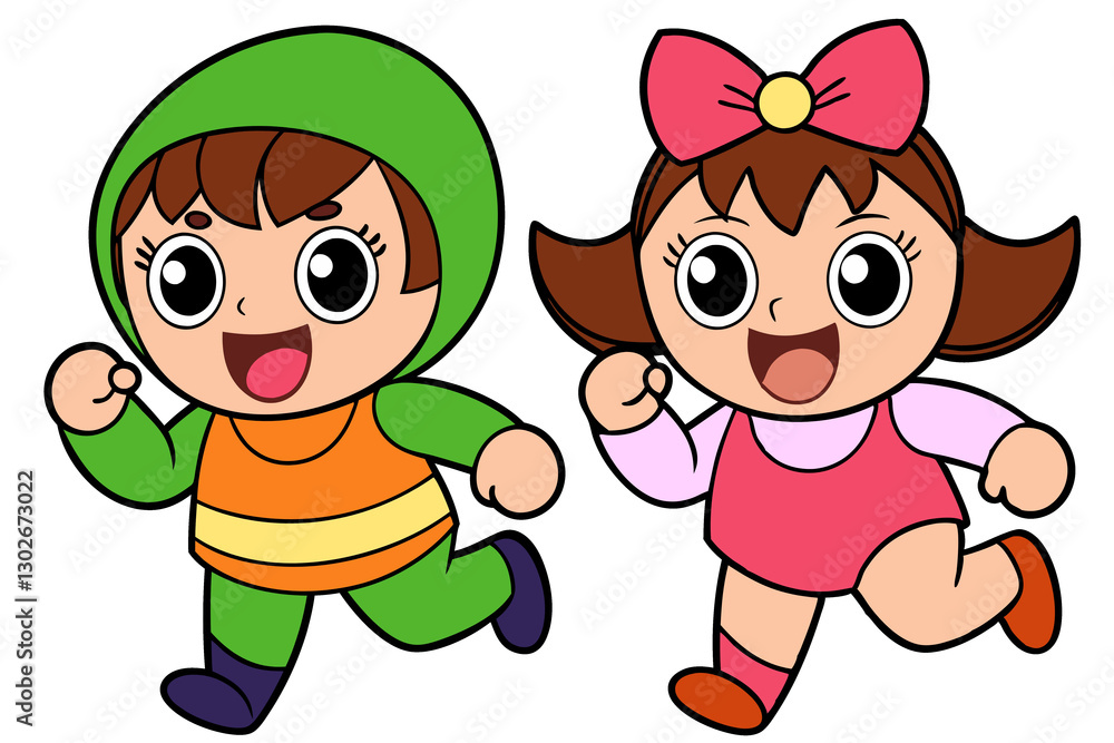 Two wonderful children, girl and boy run playing