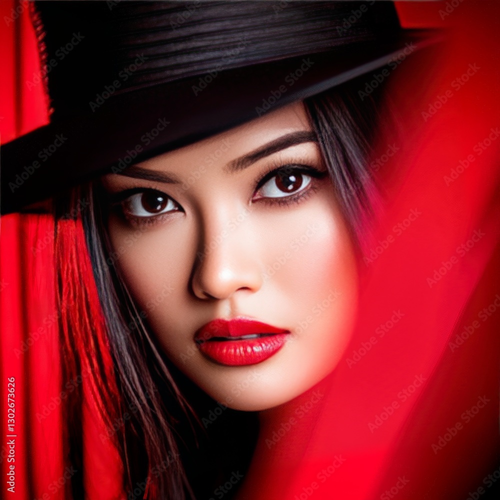 Mysterious woman with striking red lighting and a black fedora casting shadows over her intense gaze creating a cinematic and dramatic fashion portrait Mysterious woman with striking red lighting and a black fedora casting shadows over her intense gaze creating a cinematic and dramatic fashion portrait