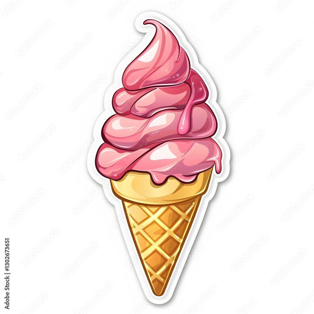 Delicious Pink Ice Cream Cone with Swirls and Dripping Sauce Delicious Pink Ice Cream Cone with Swirls and Dripping Sauce