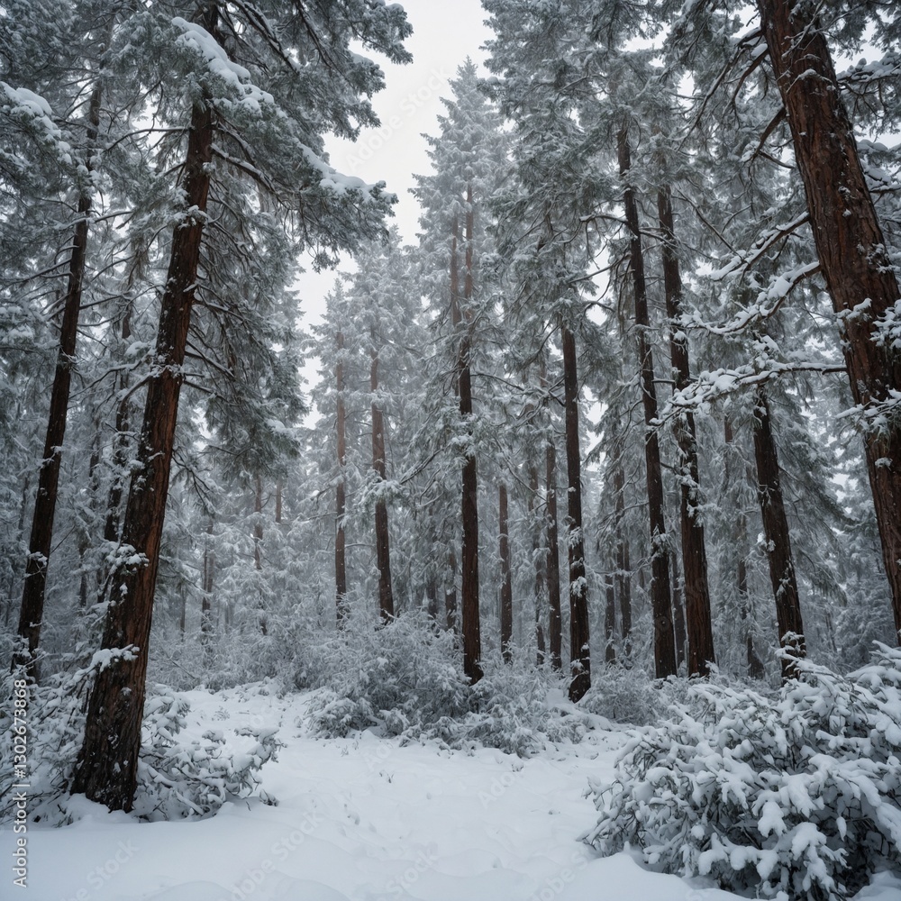 Fototapeta premium Enchanted Winter Forest – Snow-covered evergreen trees in a magical, peaceful winter forest, with soft snowflakes falling, isolated on a pure white background.