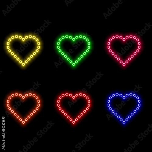 A set of neon heart icons with a cordiogram in bright colors. Logo for medicine.