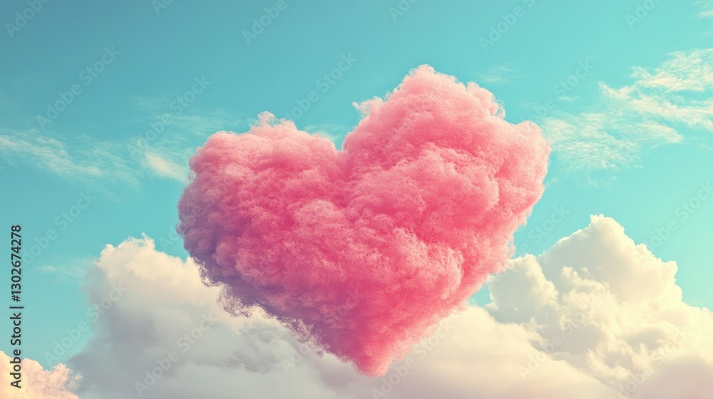 A whimsical, heart-shaped cloud filled with soft pink and blue swirls floats against a vibrant sky, A whimsical, heart-shaped cloud filled with soft pink and blue swirls floats against a vibrant sky,