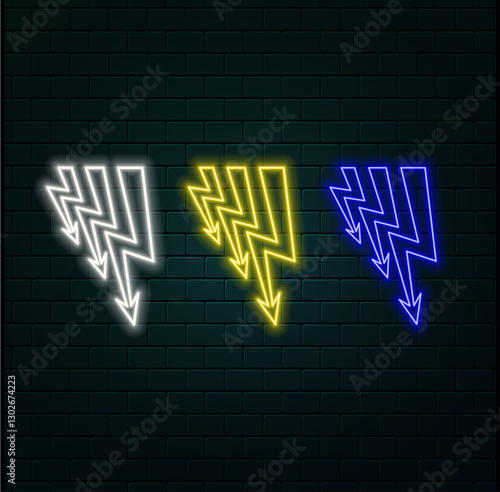 Neon energy lightning bolt shymbol. Electric power. Fast battery charging. Isolated on transparent background.