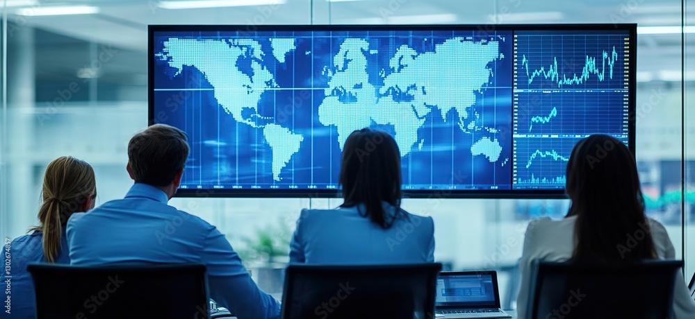 Team of Business Professionals Analyzing Global Data on a Large Screen Team of Business Professionals Analyzing Global Data on a Large Screen