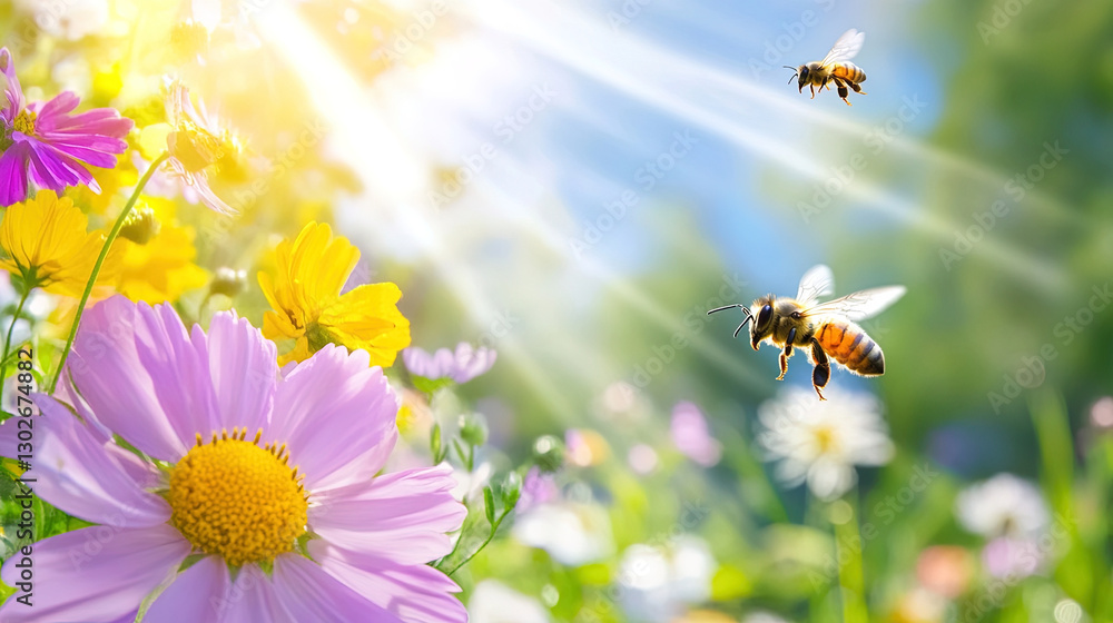 Obraz premium Bees Flying Among Flowers